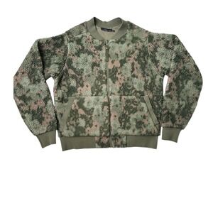 Prana Womens Sherpa Fleece Bomber Jacket XL Camo Olive Green Full Zip